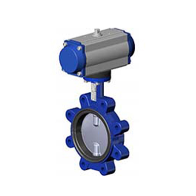 Válvula mariposa orejas roscadas – cuerpo fundición  dúctil – mariposa inox 316 – controlado por actuador neumatico doble efecto
